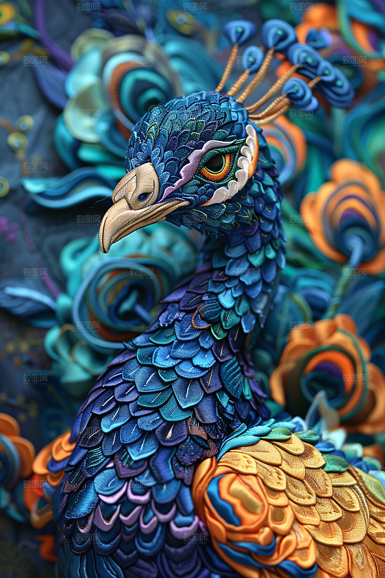 浮雕孔雀质感油画素材
