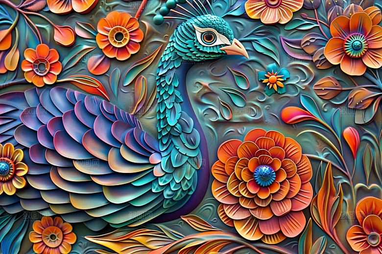 浮雕孔雀立体国潮风素材