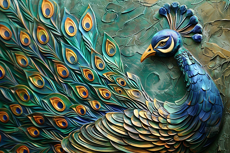 浮雕孔雀质感油画素材