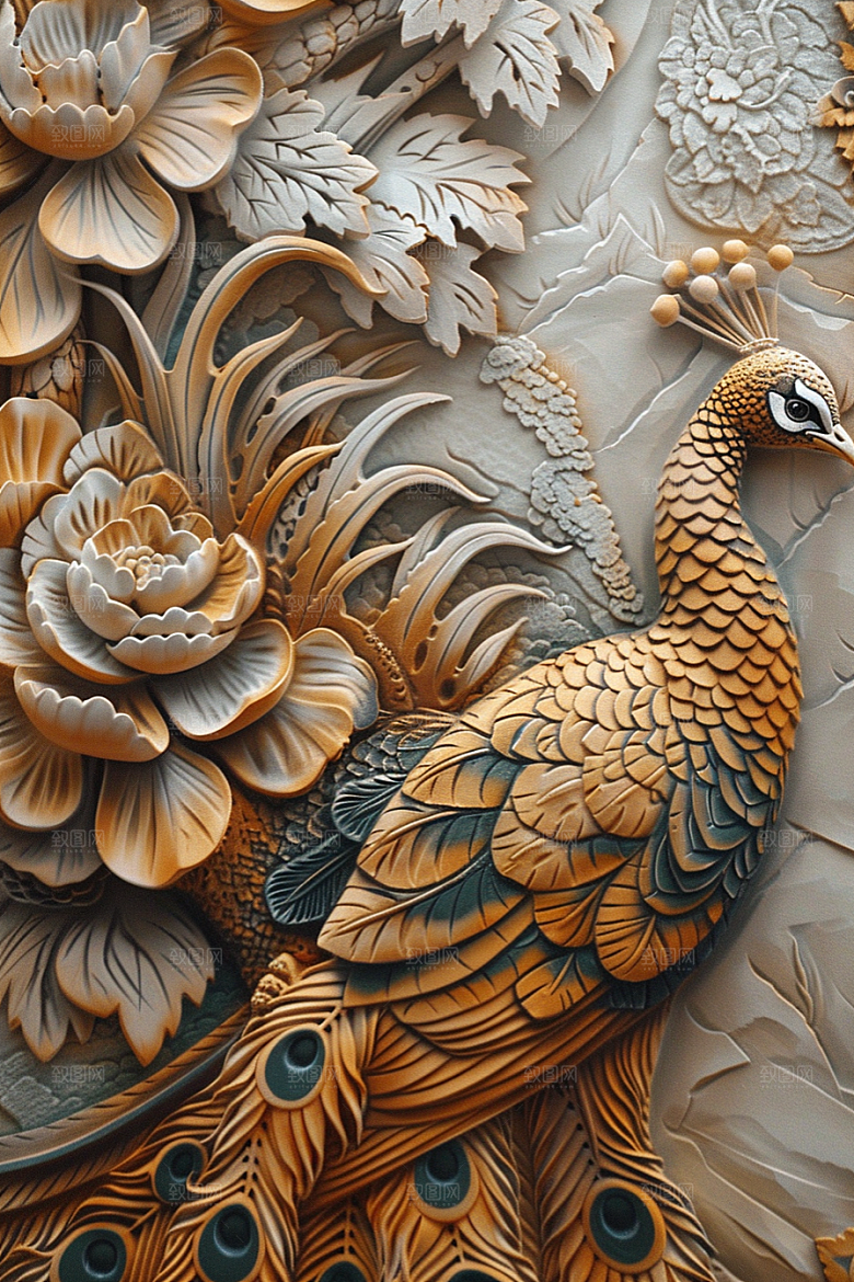 浮雕孔雀质感油画素材