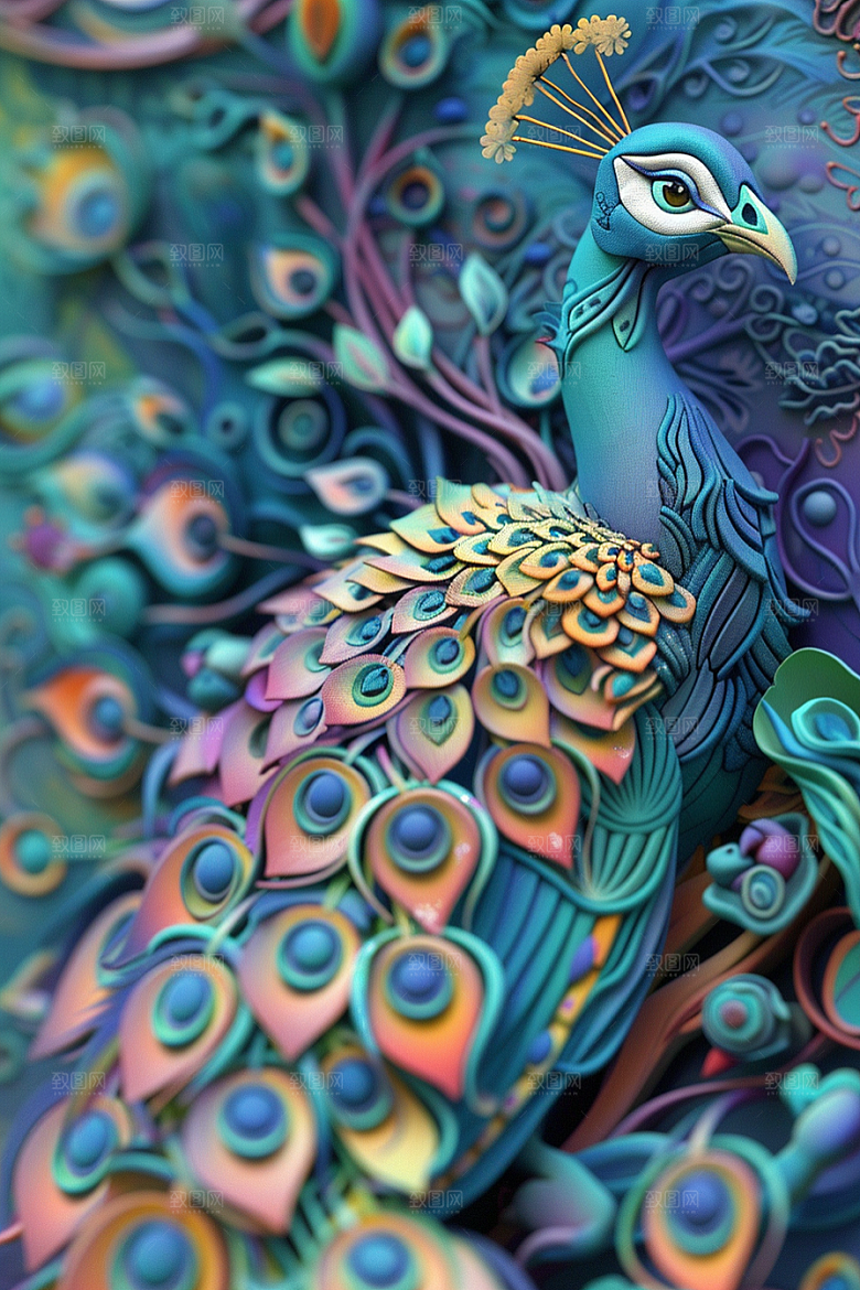 浮雕孔雀油画绚丽素材