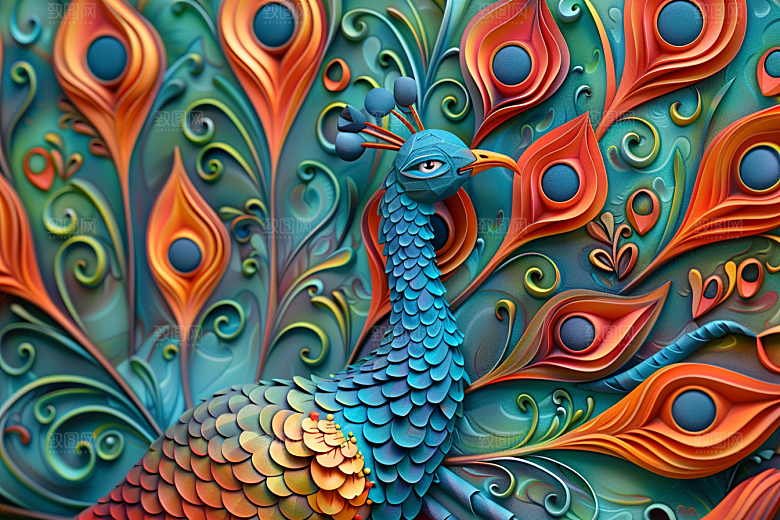 浮雕孔雀油画凹凸素材