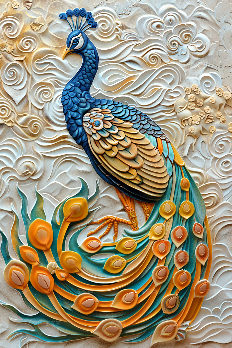 浮雕孔雀纹理彩色素材