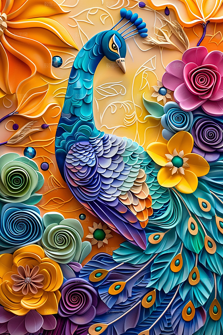 浮雕孔雀纹理精致素材