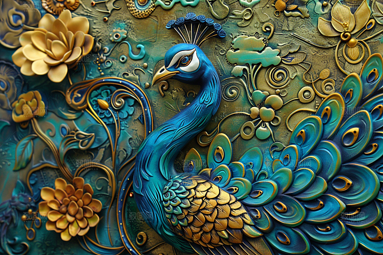 浮雕孔雀油画彩色素材