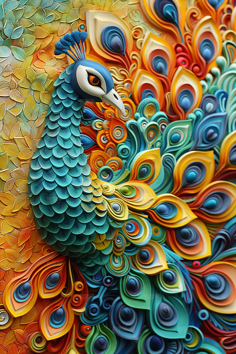 浮雕孔雀油画高清素材