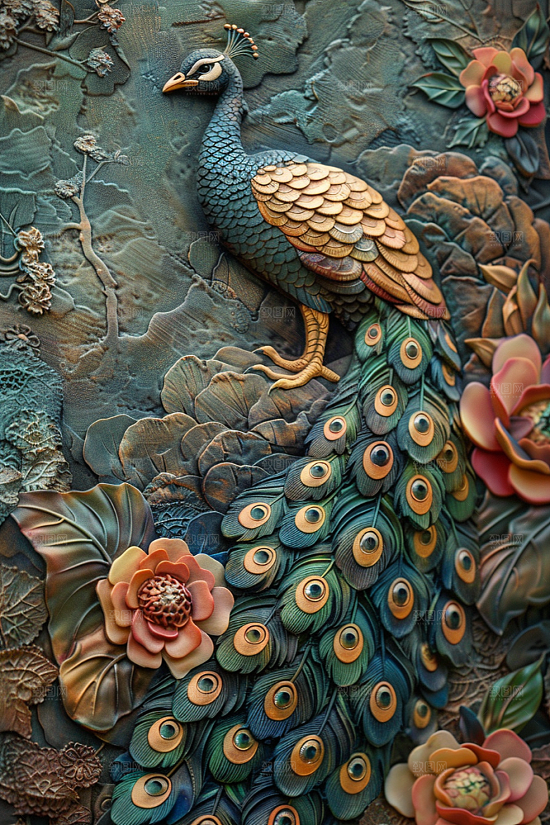 浮雕孔雀彩色3D素材