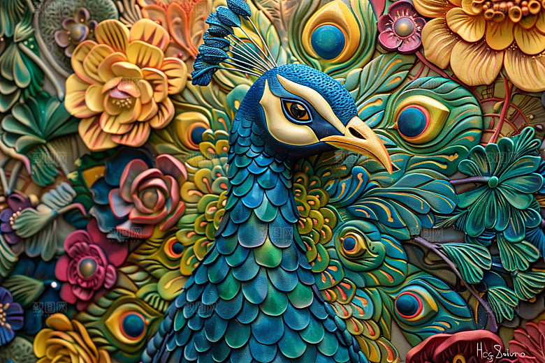 浮雕孔雀雕刻彩色素材