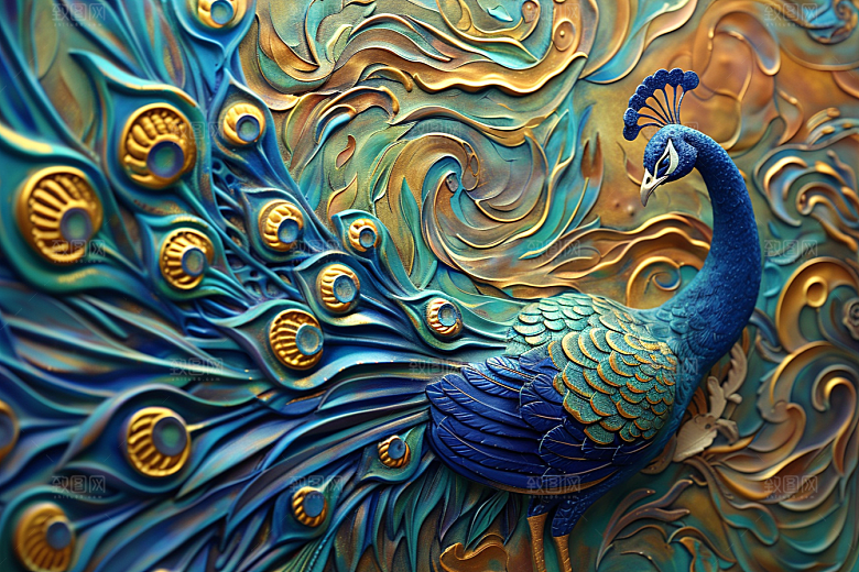 浮雕孔雀3D墙面装饰素材