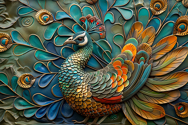 浮雕孔雀唯美3D素材
