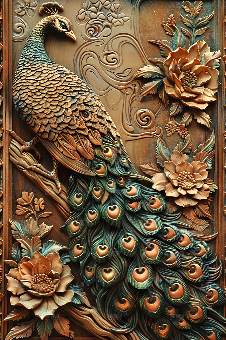 浮雕孔雀绚丽油画素材