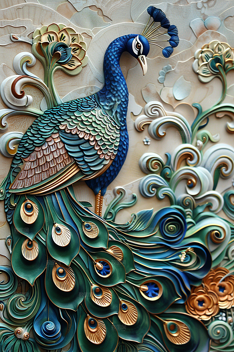 浮雕孔雀彩色油画素材