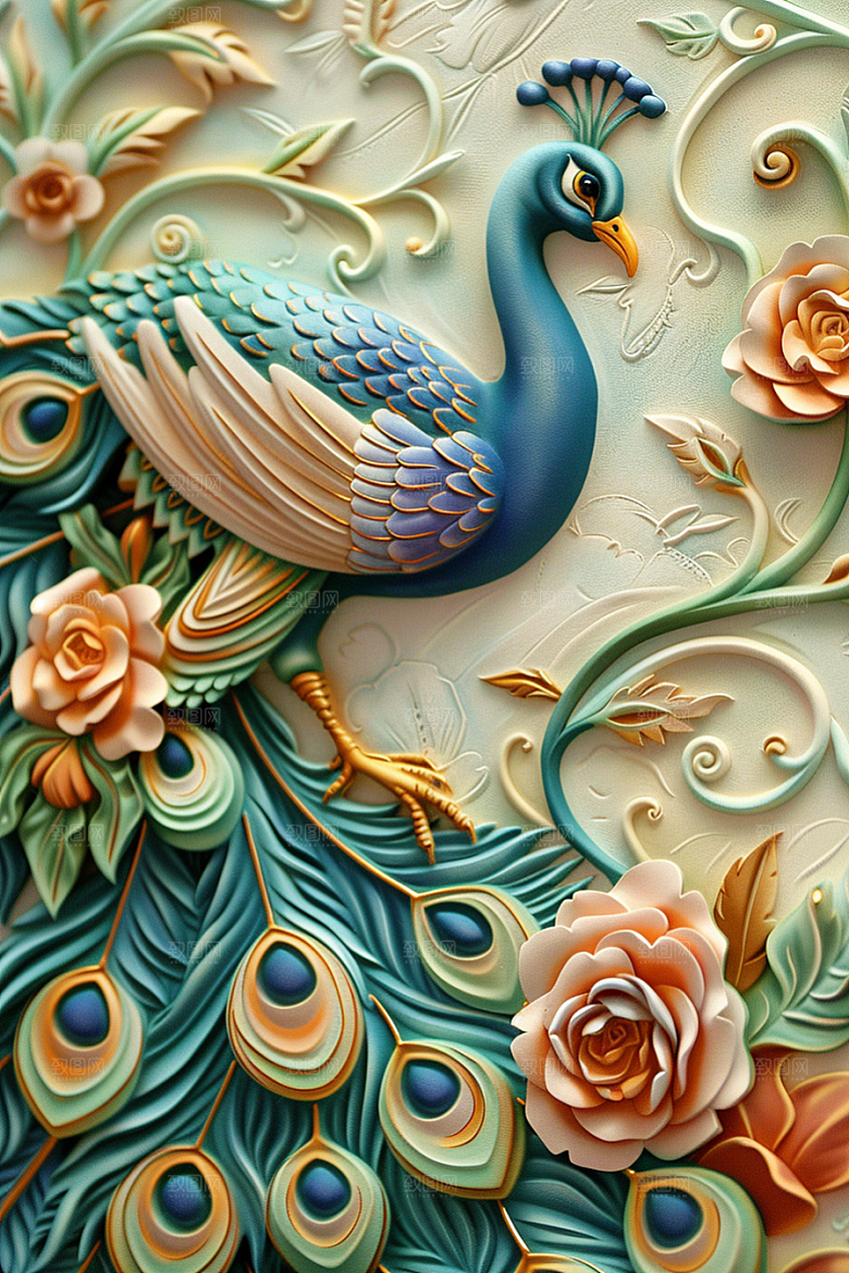 浮雕孔雀雕刻油画素材