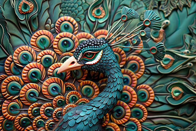 浮雕孔雀质感油画素材