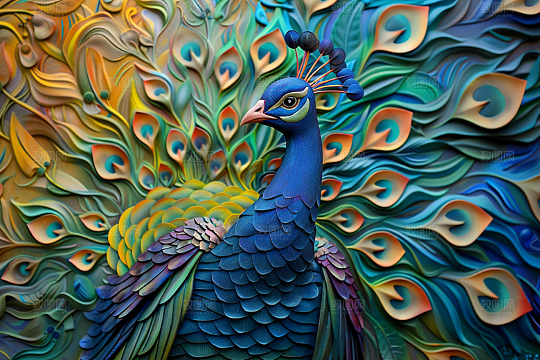 浮雕孔雀纹理油画素材