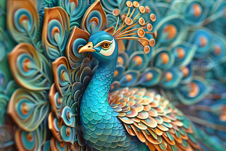 浮雕孔雀绚丽唯美素材
