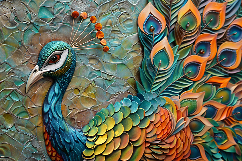 浮雕孔雀彩色油画素材
