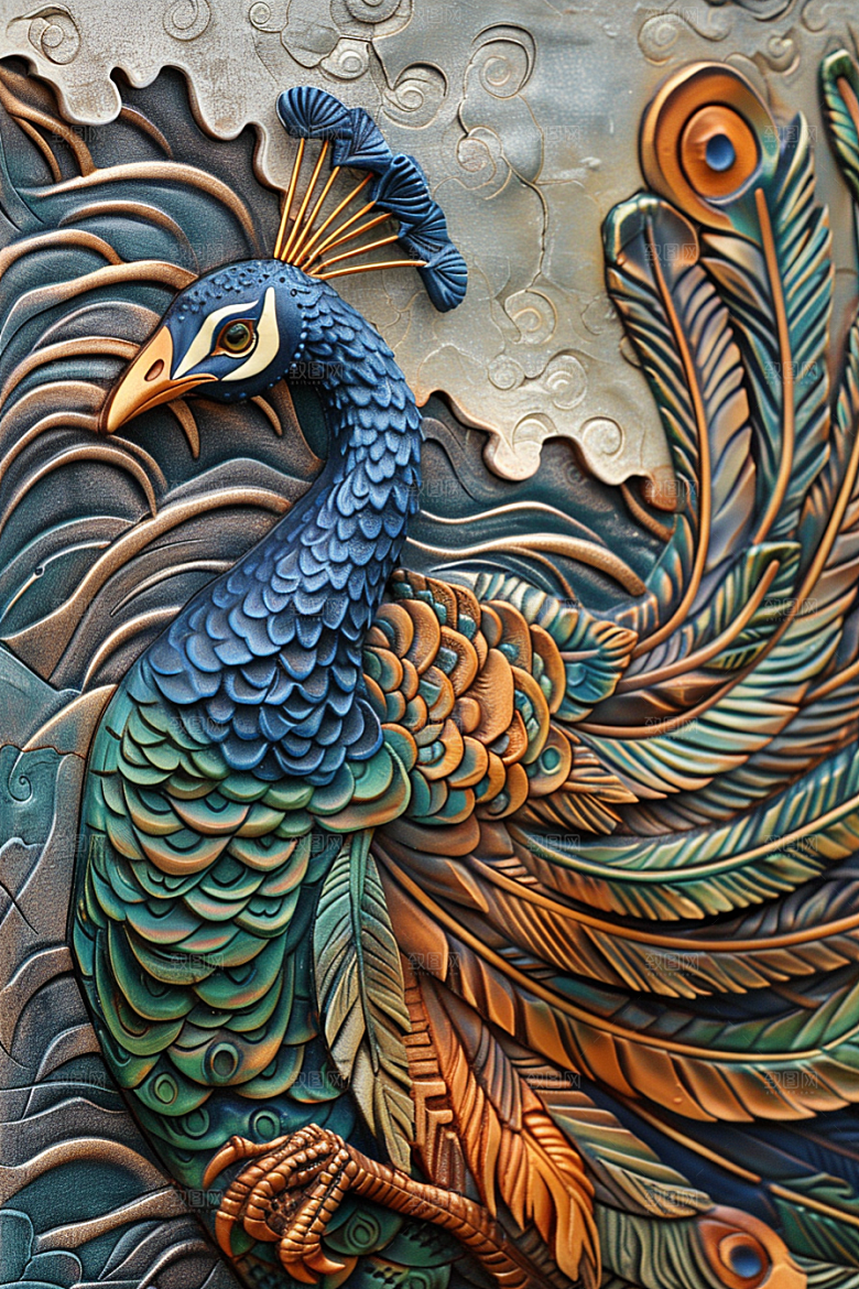 浮雕孔雀唯美油画素材