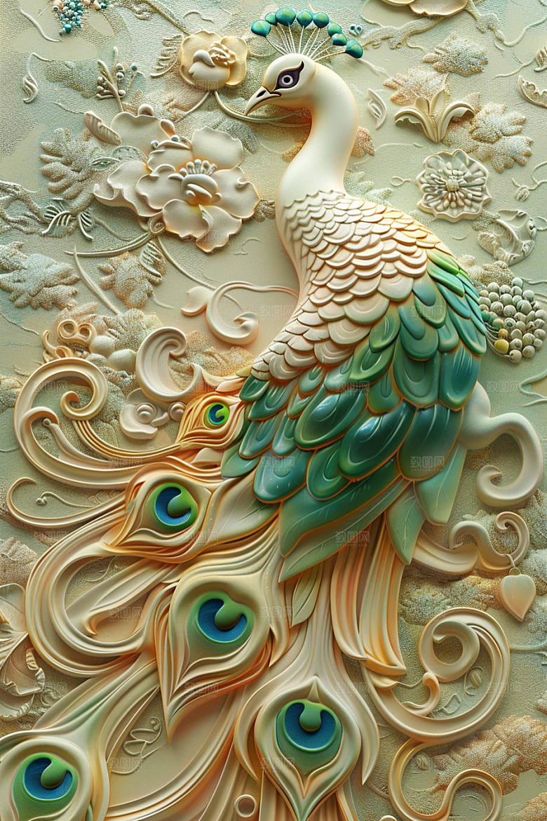 浮雕孔雀肌理油画素材