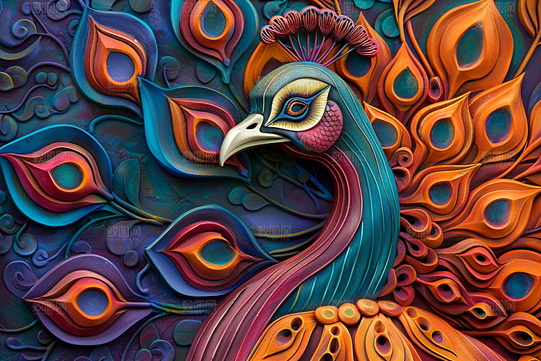 浮雕孔雀肌理3D素材