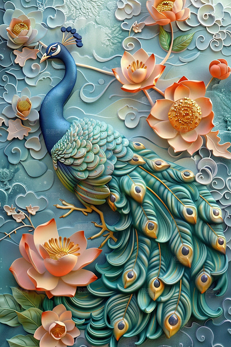 浮雕孔雀国潮风高清素材