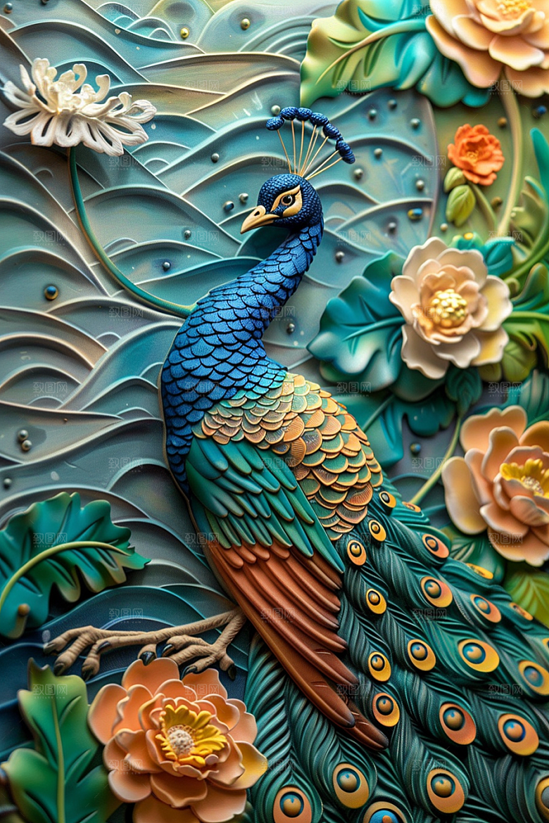 浮雕孔雀油画高清素材