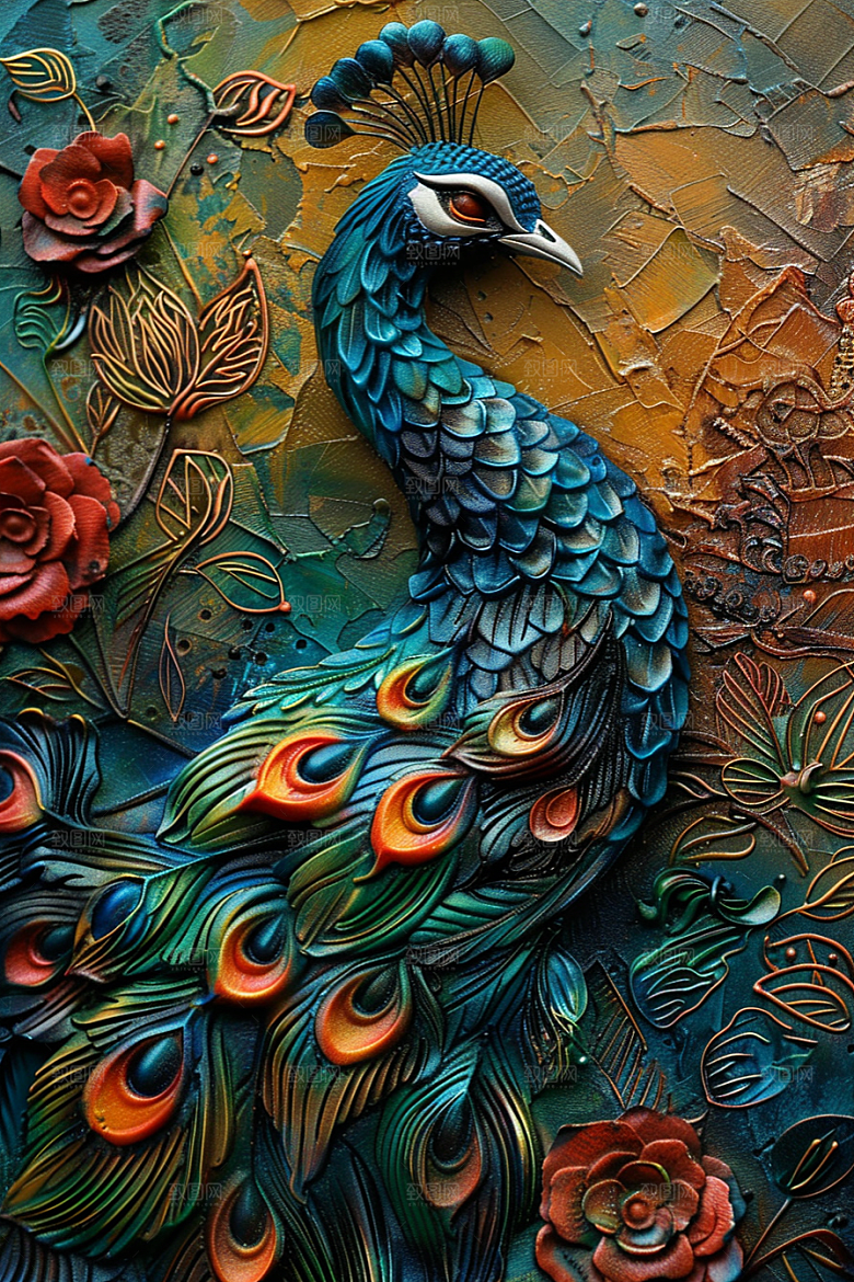 浮雕孔雀彩色立体素材