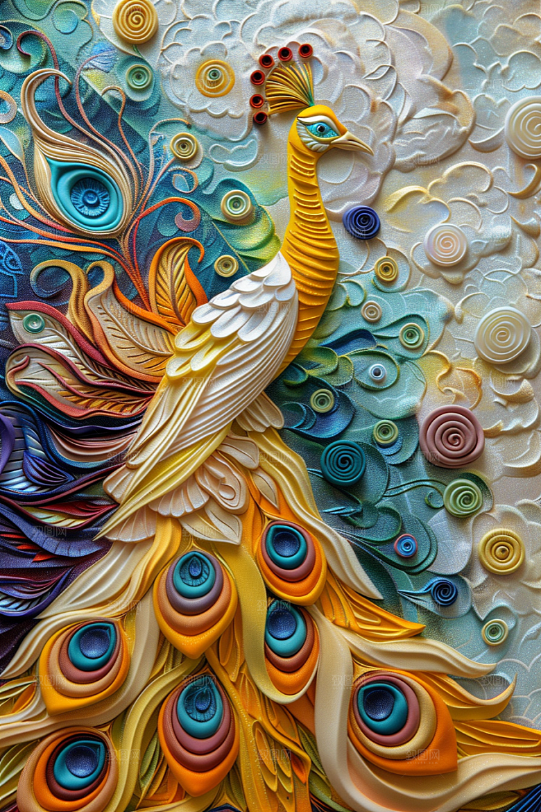 浮雕孔雀立体彩色素材