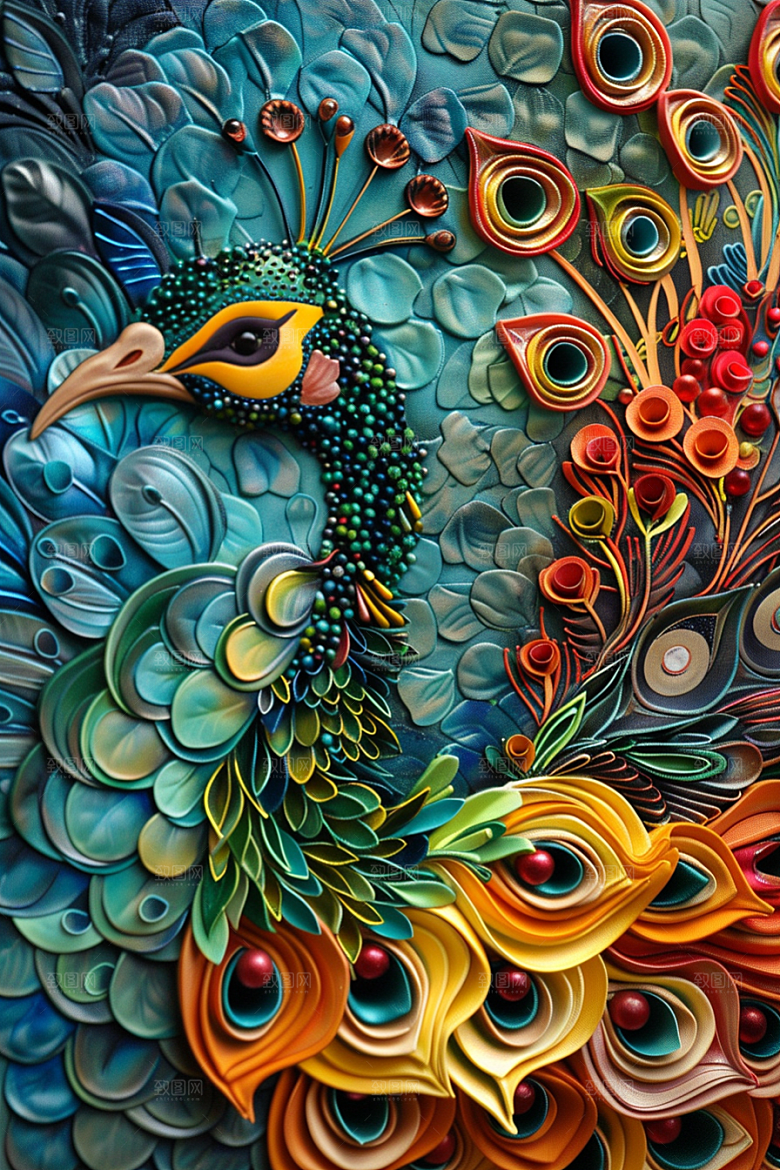 浮雕孔雀油画凹凸素材