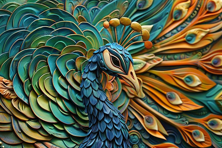 浮雕孔雀质感国潮风素材