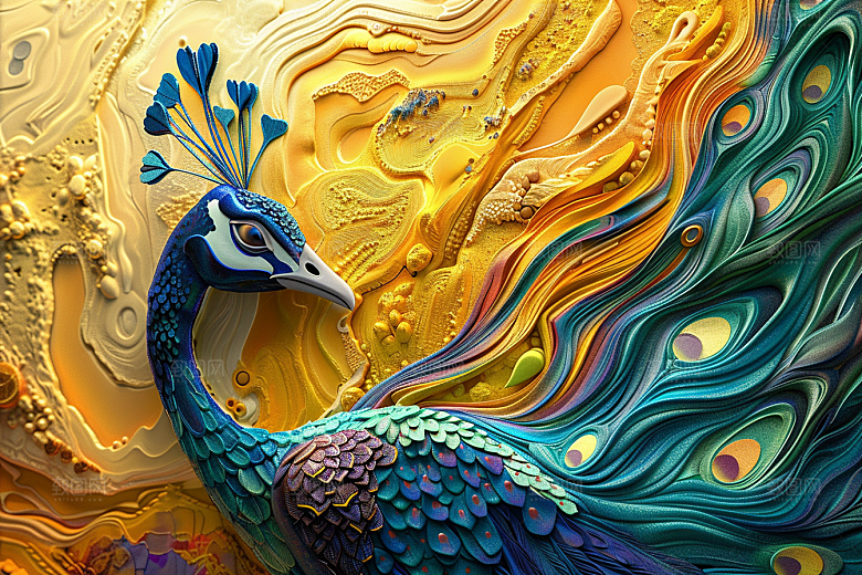 浮雕孔雀唯美油画素材