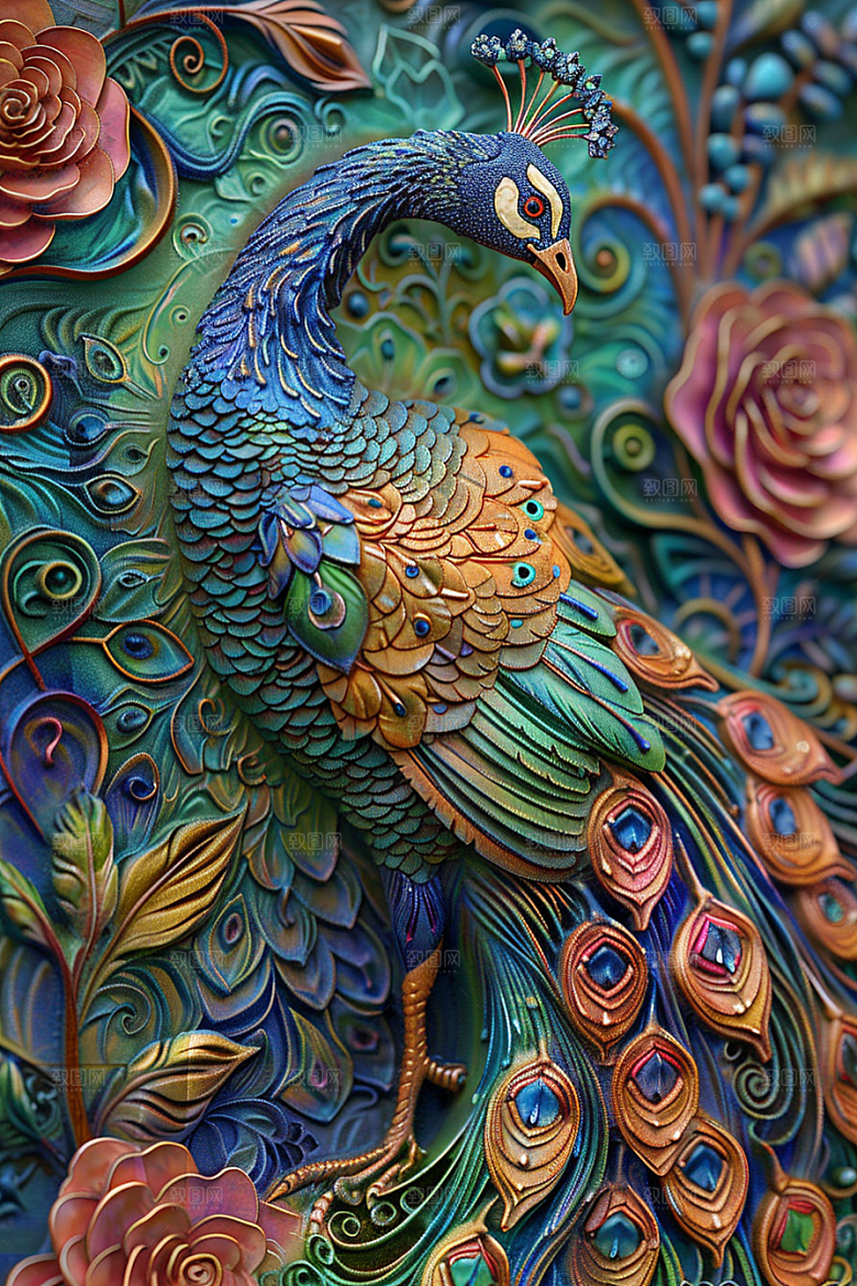浮雕孔雀纹理油画素材