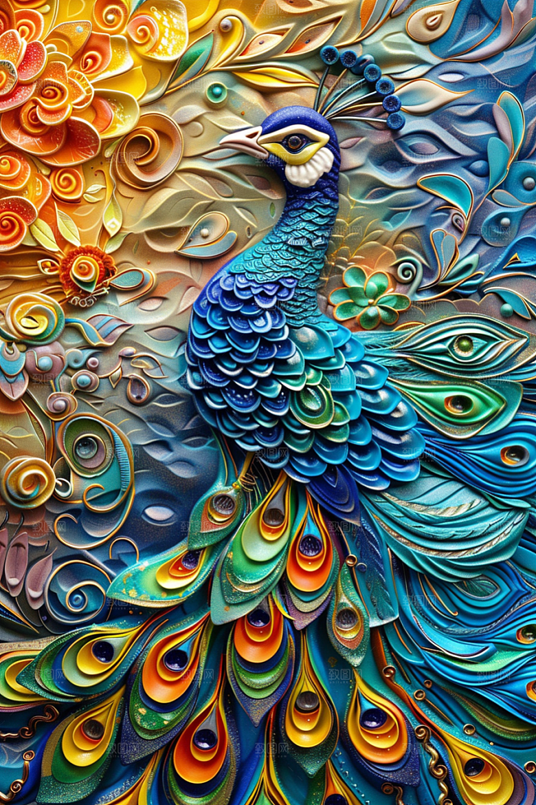浮雕孔雀墙面装饰3D素材