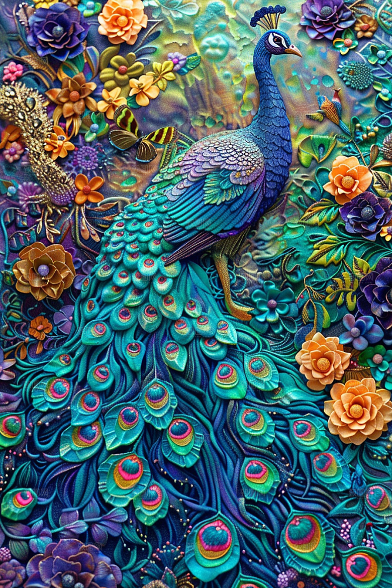 浮雕孔雀3D彩色素材