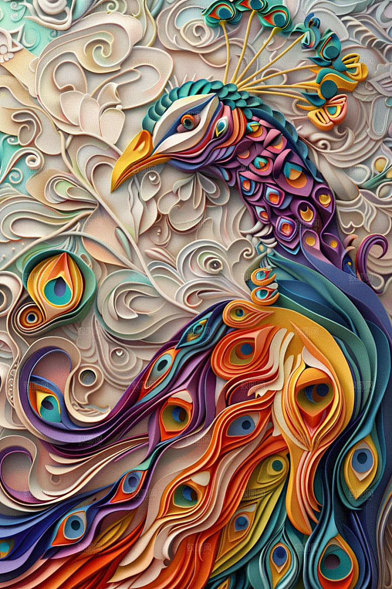 浮雕孔雀彩色立体素材