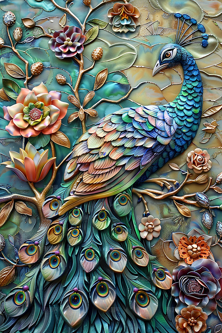 浮雕孔雀精致油画素材