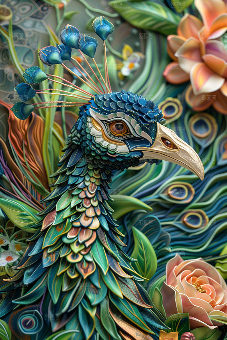 浮雕孔雀彩色质感素材