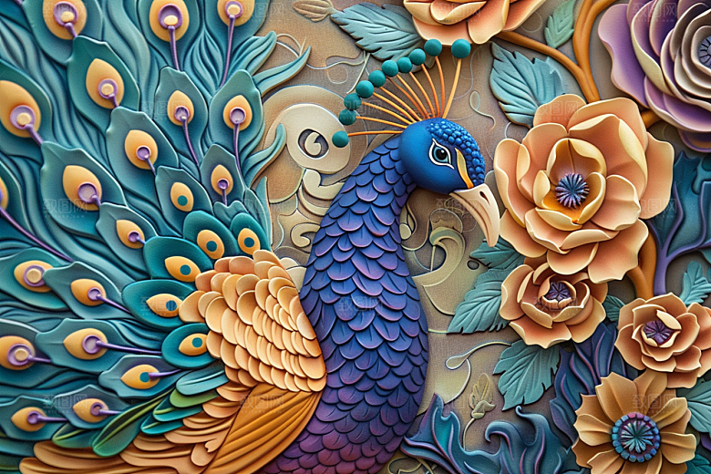 浮雕孔雀立体油画素材