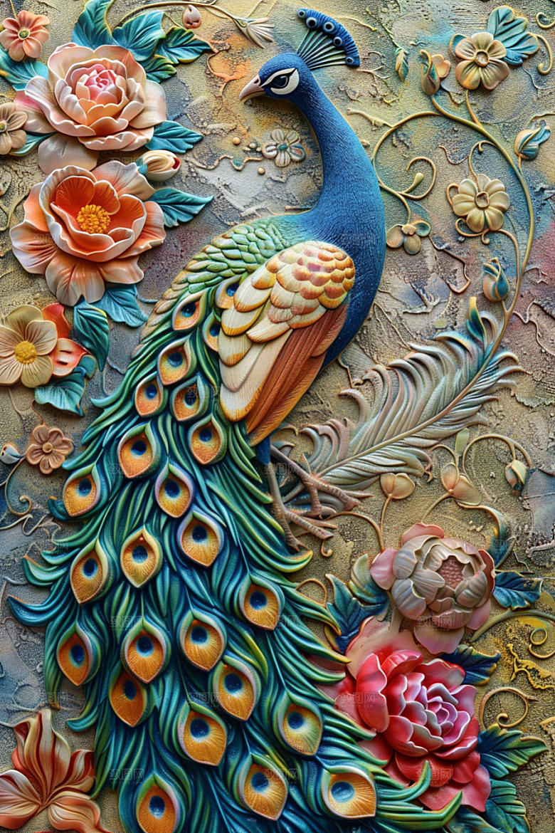 浮雕孔雀质感油画素材