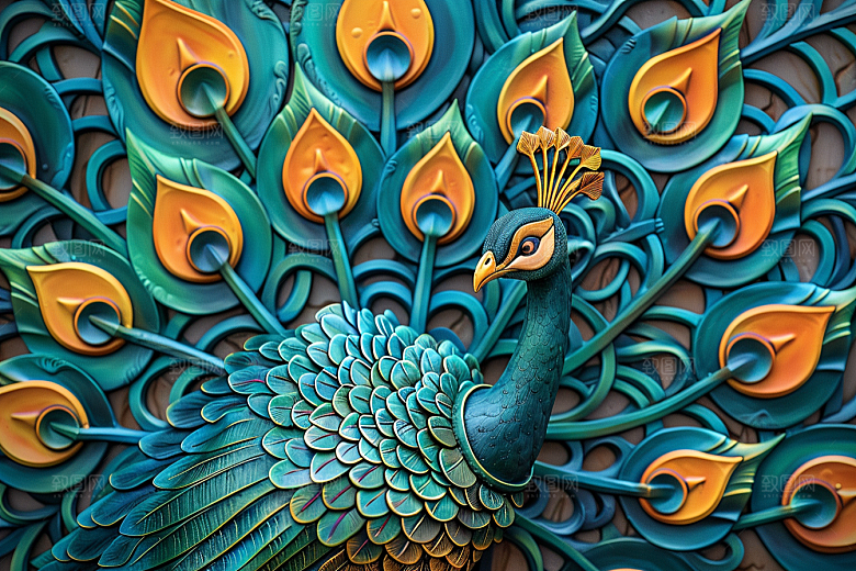 浮雕孔雀油画质感素材