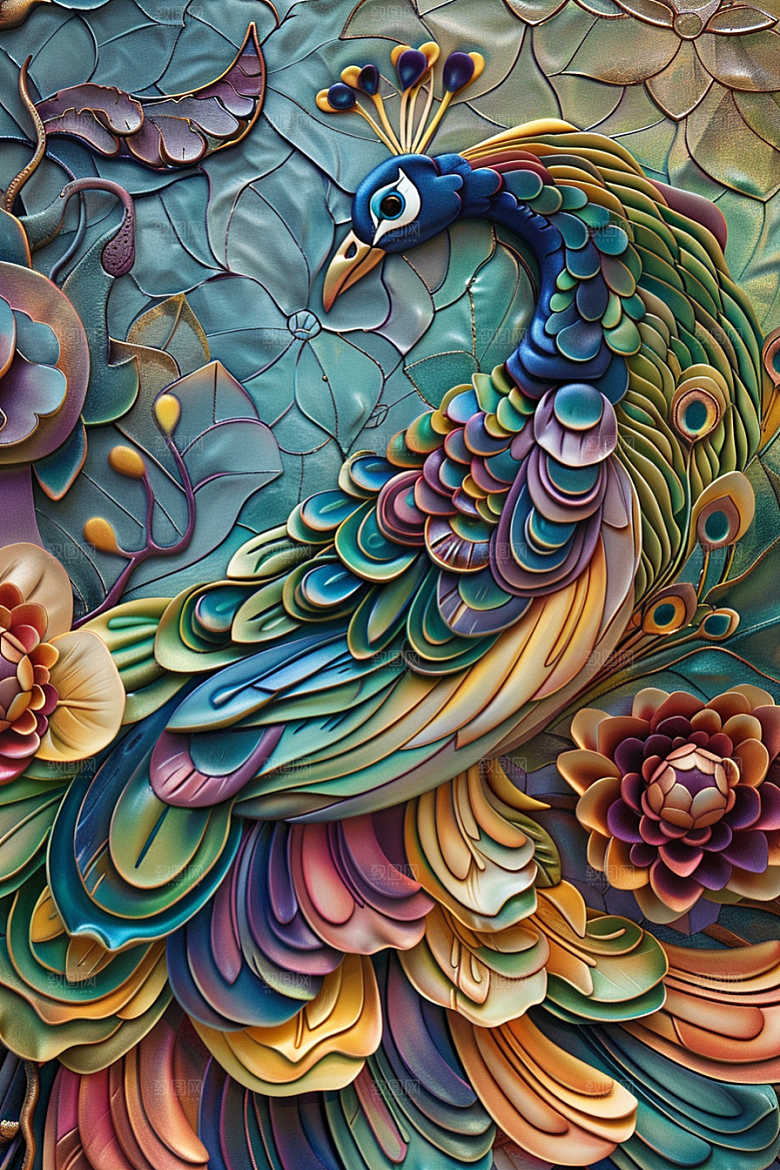 浮雕孔雀立体高清素材