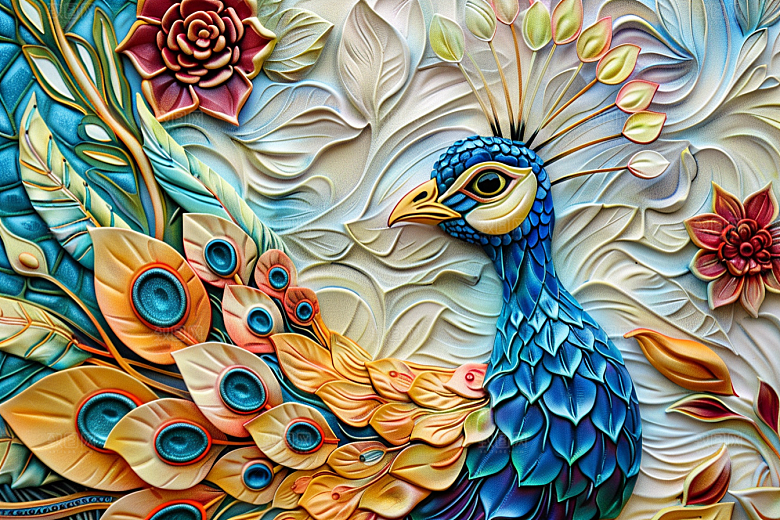 浮雕孔雀油画凹凸素材