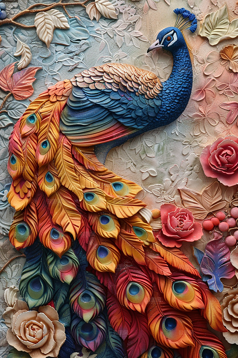 浮雕孔雀油画绚丽素材
