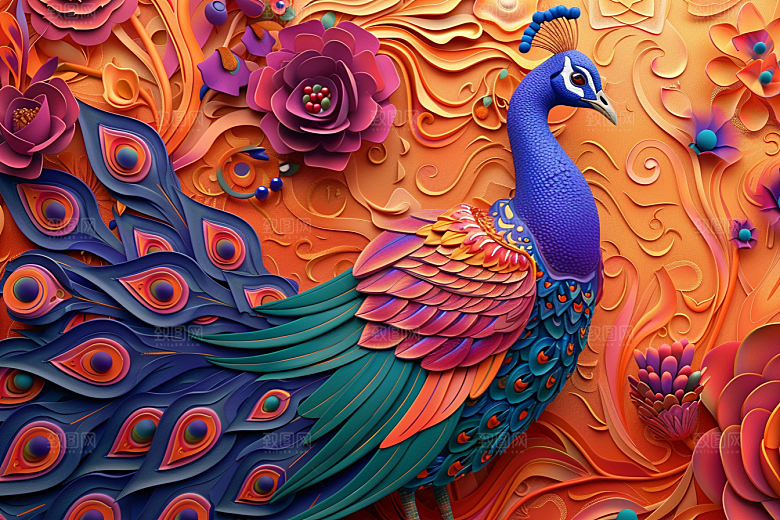 浮雕孔雀油画高清素材