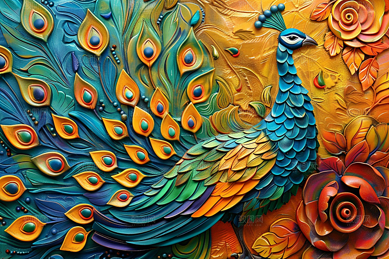 浮雕孔雀高清油画素材