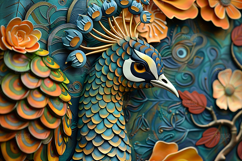 浮雕孔雀3D高清素材