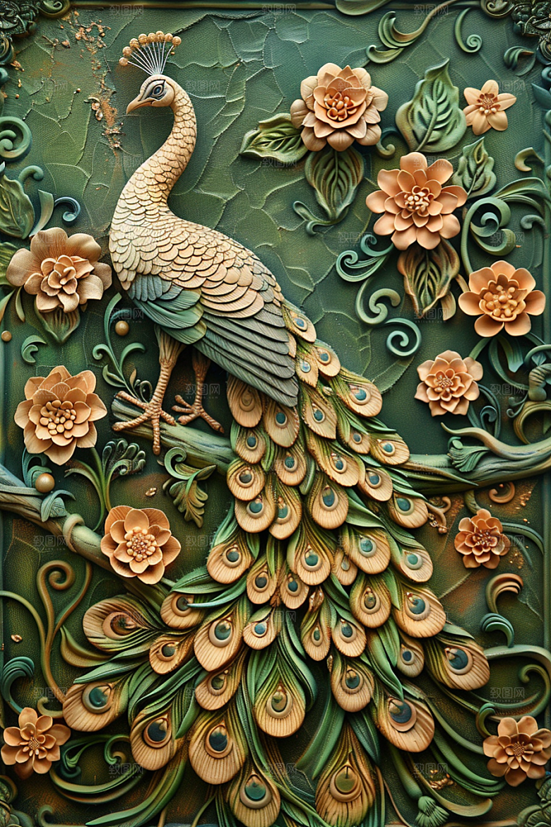 浮雕孔雀纹理精致素材