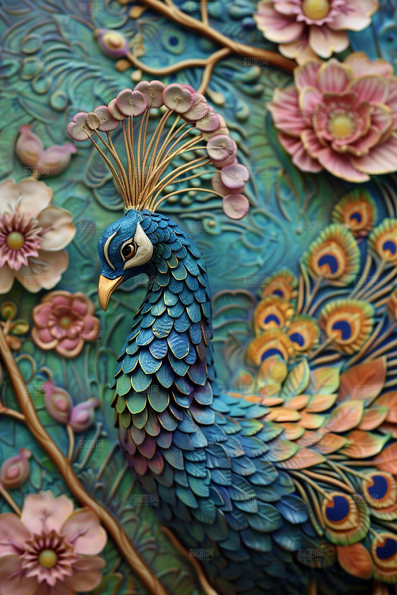 浮雕孔雀高清油画素材