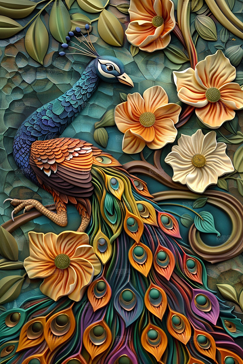 浮雕孔雀纹理油画素材