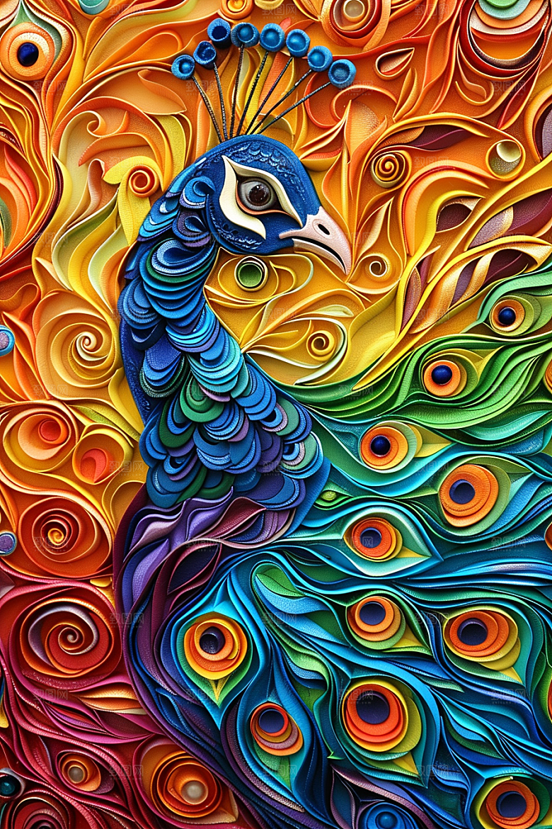 浮雕孔雀质感国潮风素材